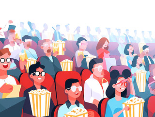 电影院坐满了观影吃爆米花的观众场景